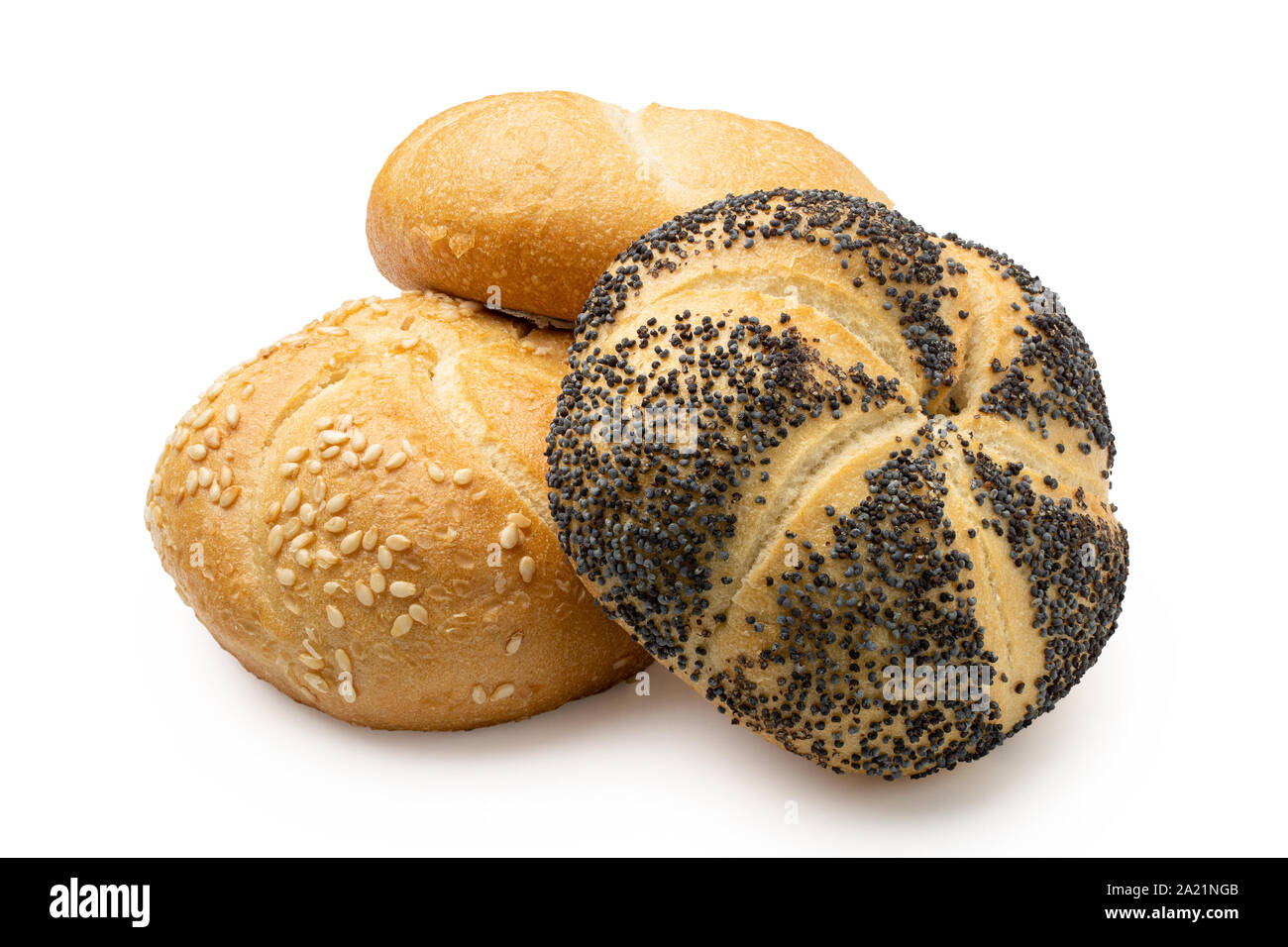Plain, poppy seed amd sesame seed kaiser rolls isolated on white Stock