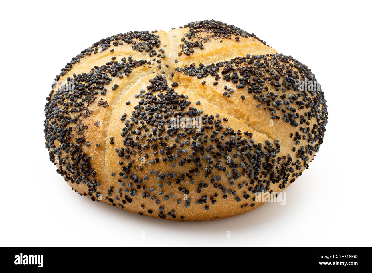 Traditional white kaiser roll with poppy seeds isolated on white Stock