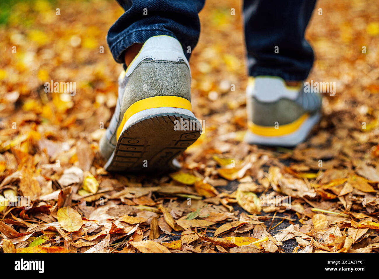 Walk on pavement in Autumn. Back view on the feet of a man walking