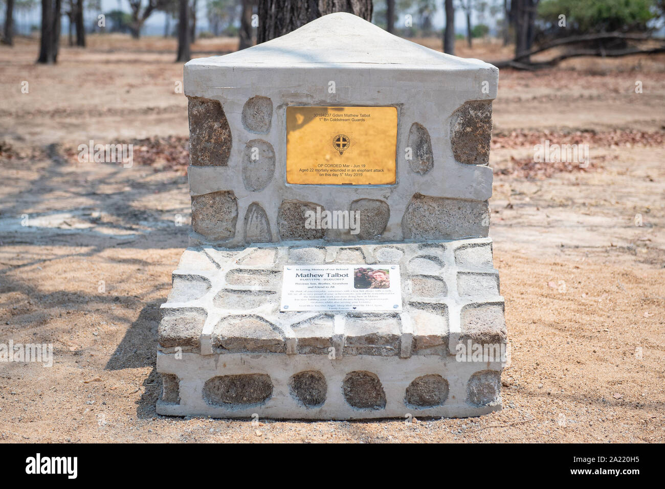 The memorial stone for Guardsman Mathew Talbot of the Coldstream Guards at the Liwonde National Park in Malawi. Guardsman Talbot lost his life in May 2019 on a joint anti-poaching patrol with local park rangers. Stock Photo