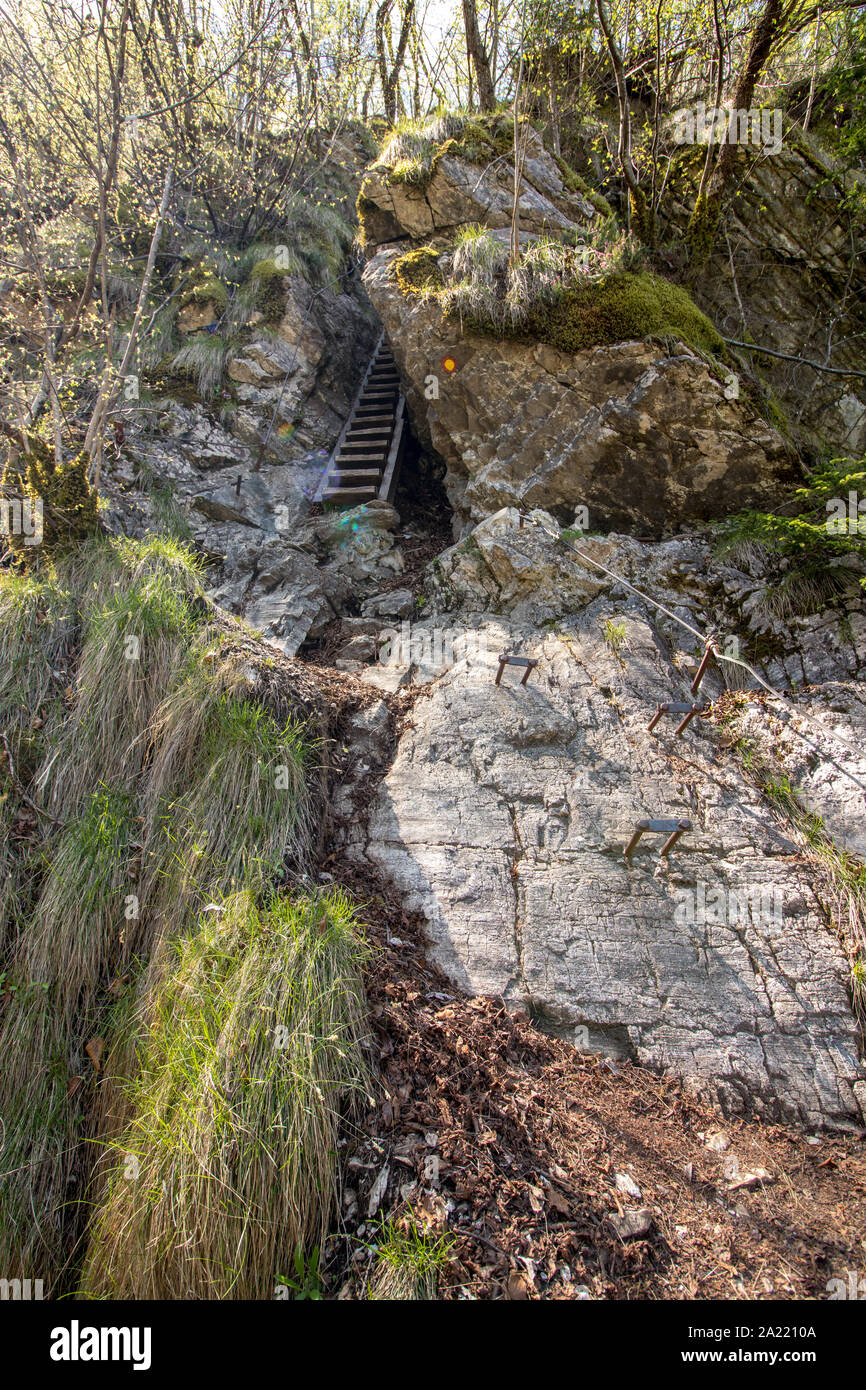 Steep stairs throw narrow path Stock Photo