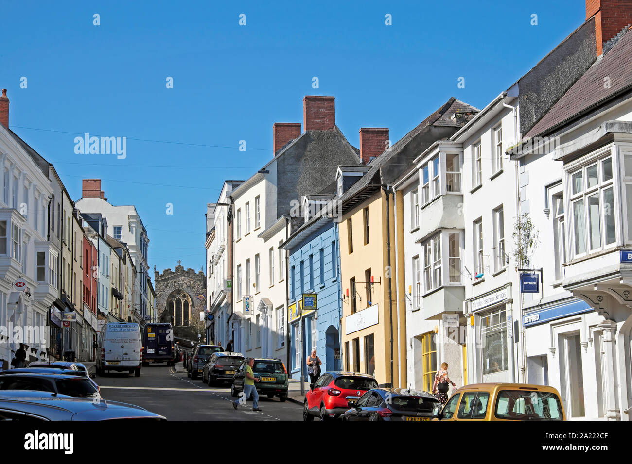 A view of cars parked on Haverfordwest High Street in Pembrokeshire West Wales UK  KATHY DEWITT Stock Photo