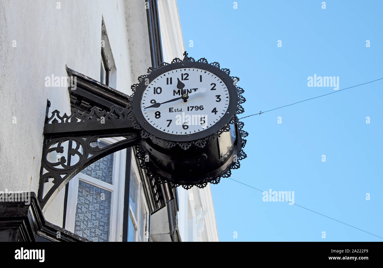 Historical Munt clock 1796 on Bisley H Munt traditional jewellers store in  Haverfordwest Wales UK  KATHY DEWITT Stock Photo