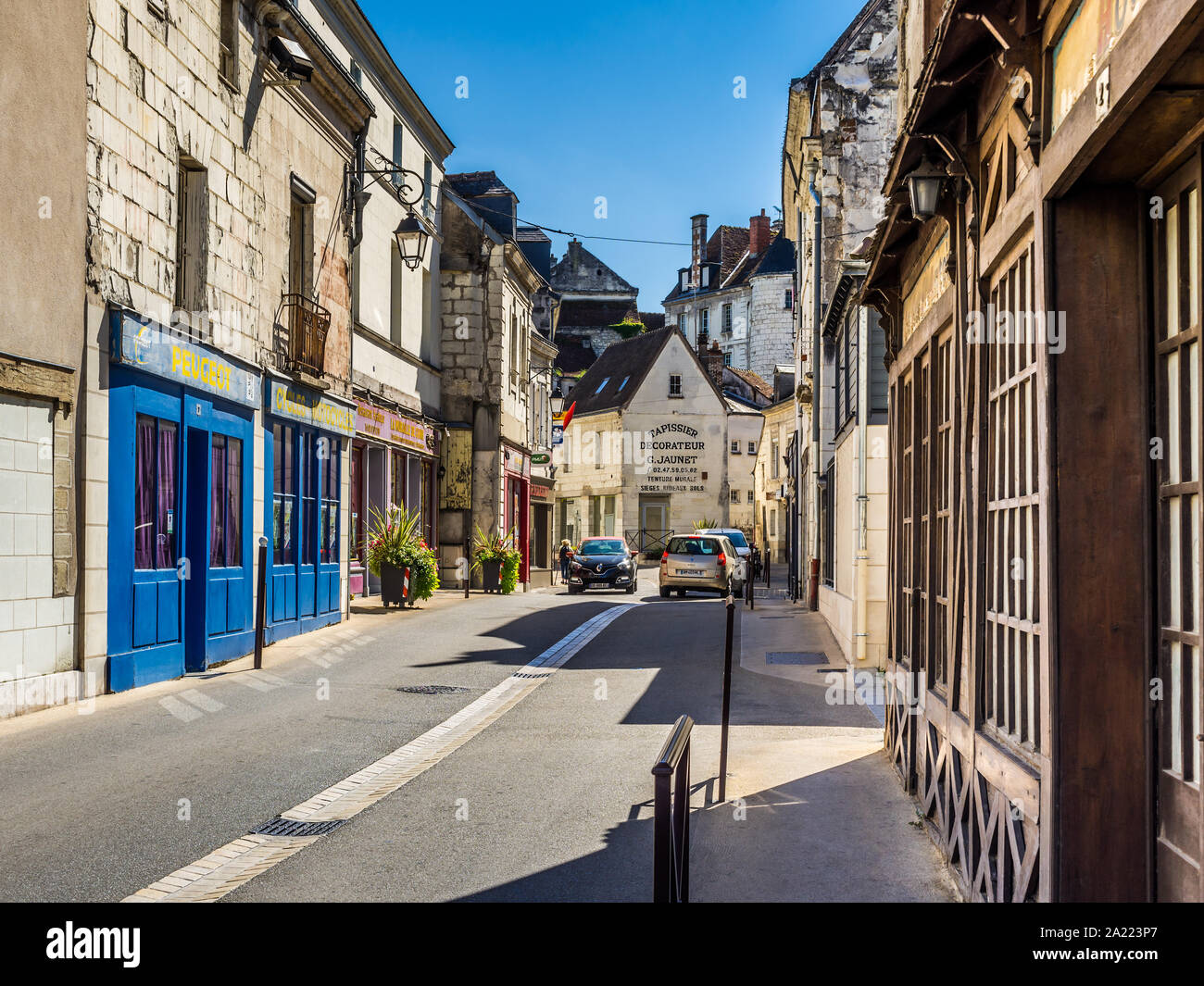 Businesses and shops on the Rue des Moulins, Loches, Indre-et-Loire, France. Stock Photo