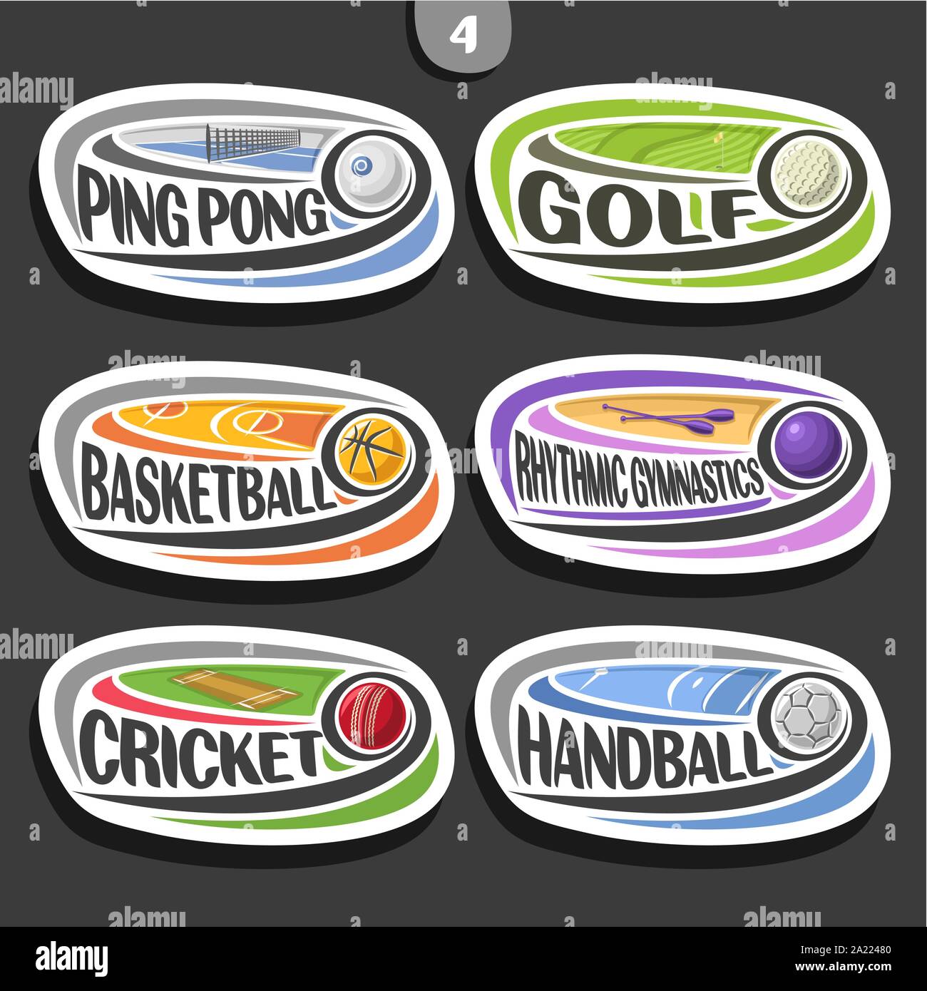 Vector set of sport logos, 6 oval simple badges with flying ball on