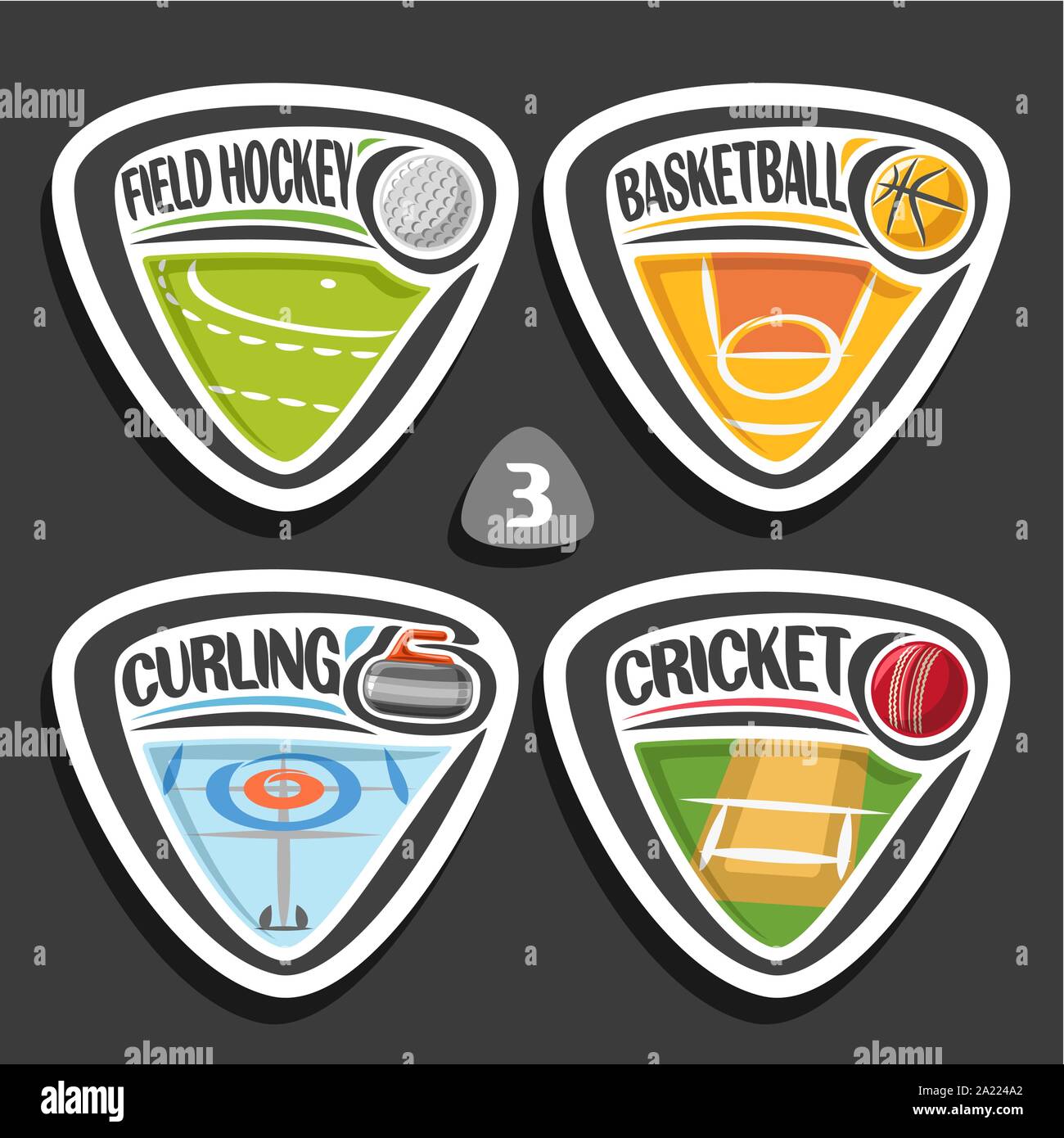 Vector set of sport logos, 4 triangle simple badges with balls, sports signs of minimal design with game equipment for sporting club or school, origin Stock Vector