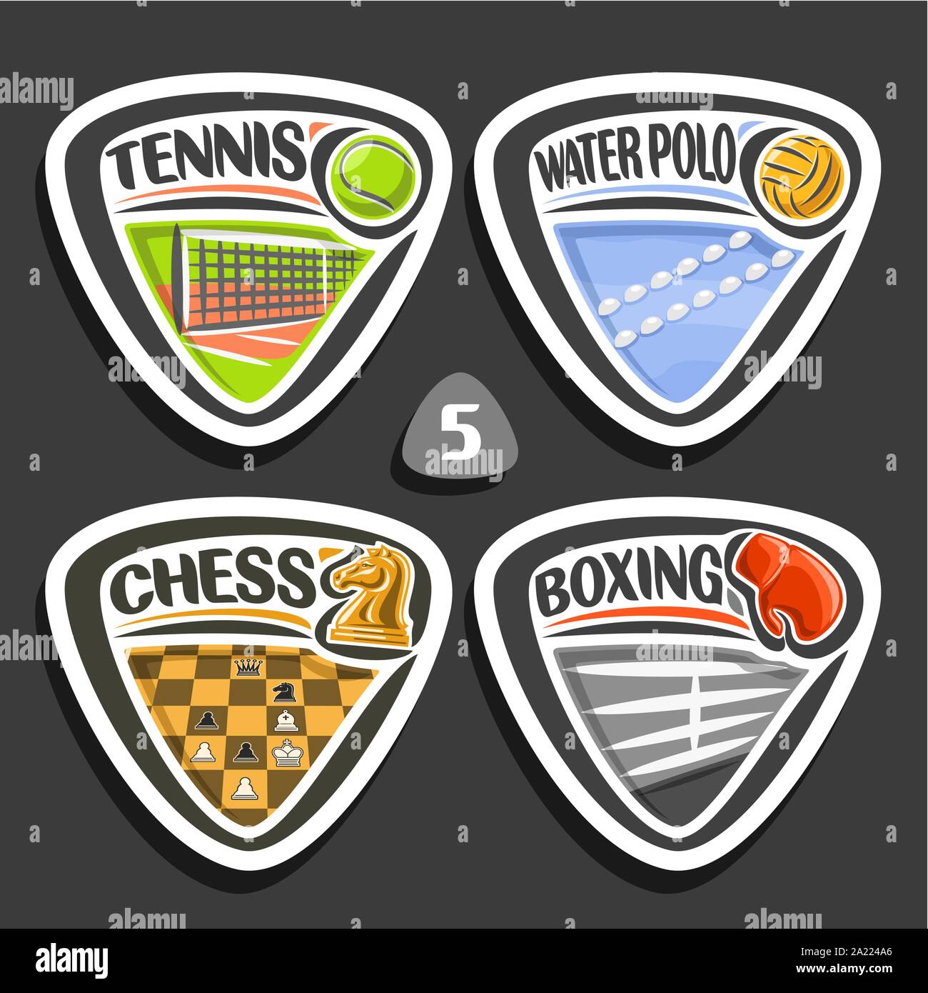 Vector set of sport logos, 4 triangle simple badges with balls, sports signs of minimal design with game equipment for sporting club or school, origin Stock Vector