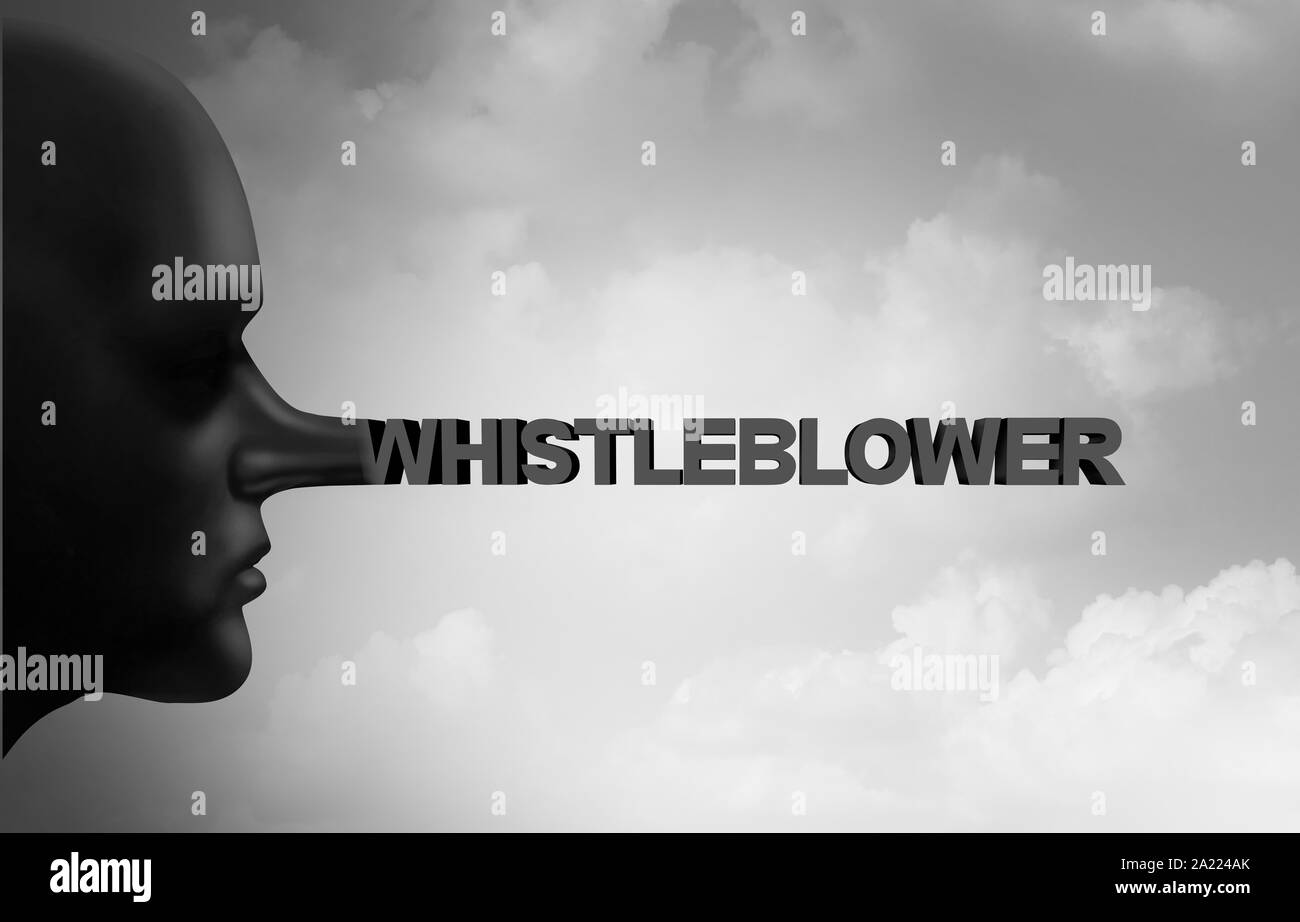 Whistleblower fraud and whistle blower lies as a secret informant that is a liar as a leaker or political trust concept. Stock Photo