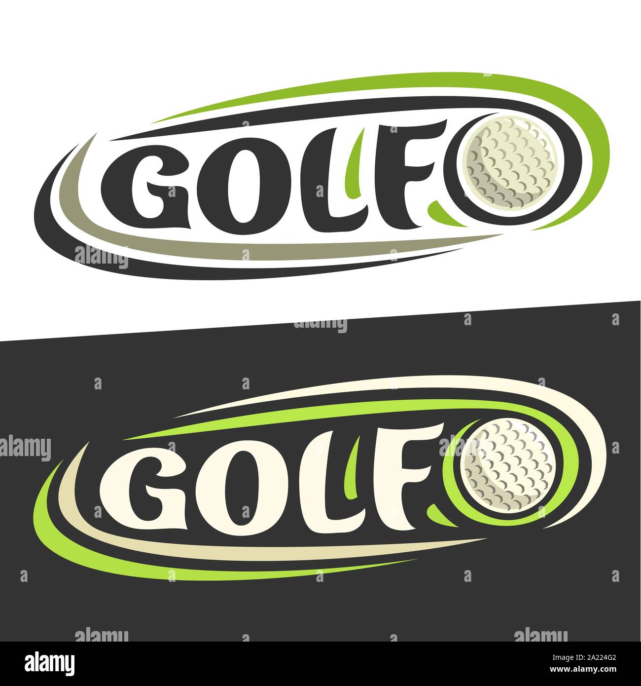 Vector logos for Golf sport, flying on trajectory ball and handwritten