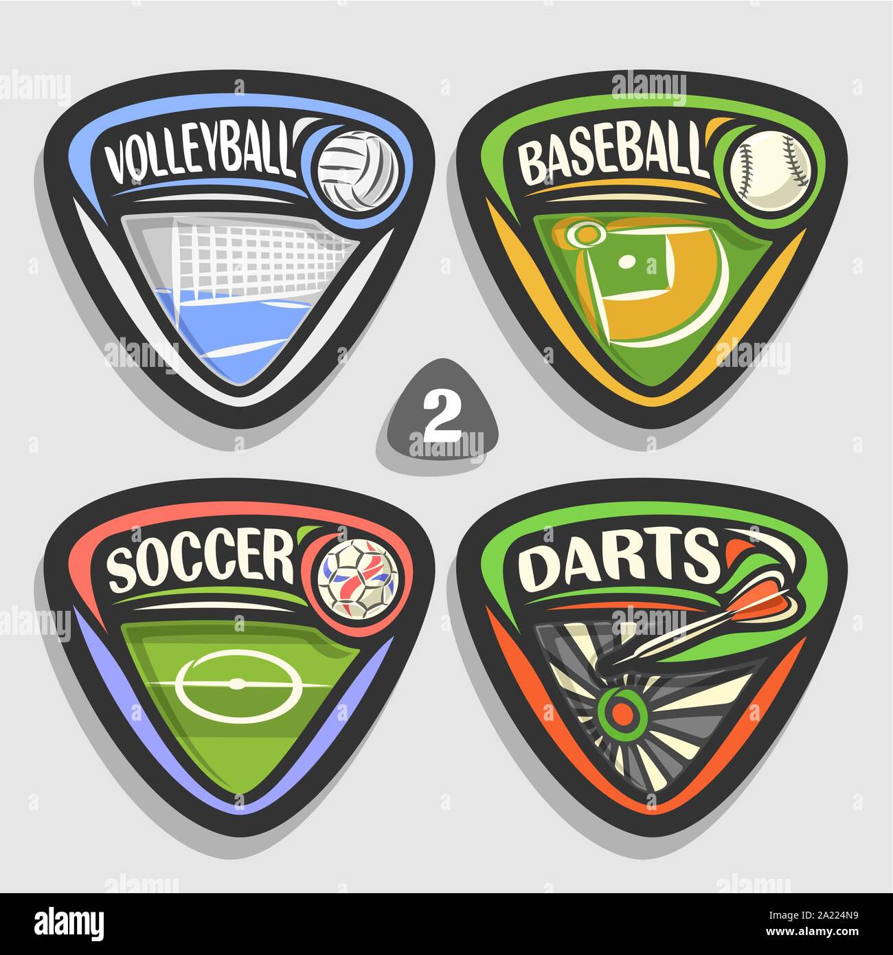 Vector set of sport logos, 4 triangle simple badges with balls, sports