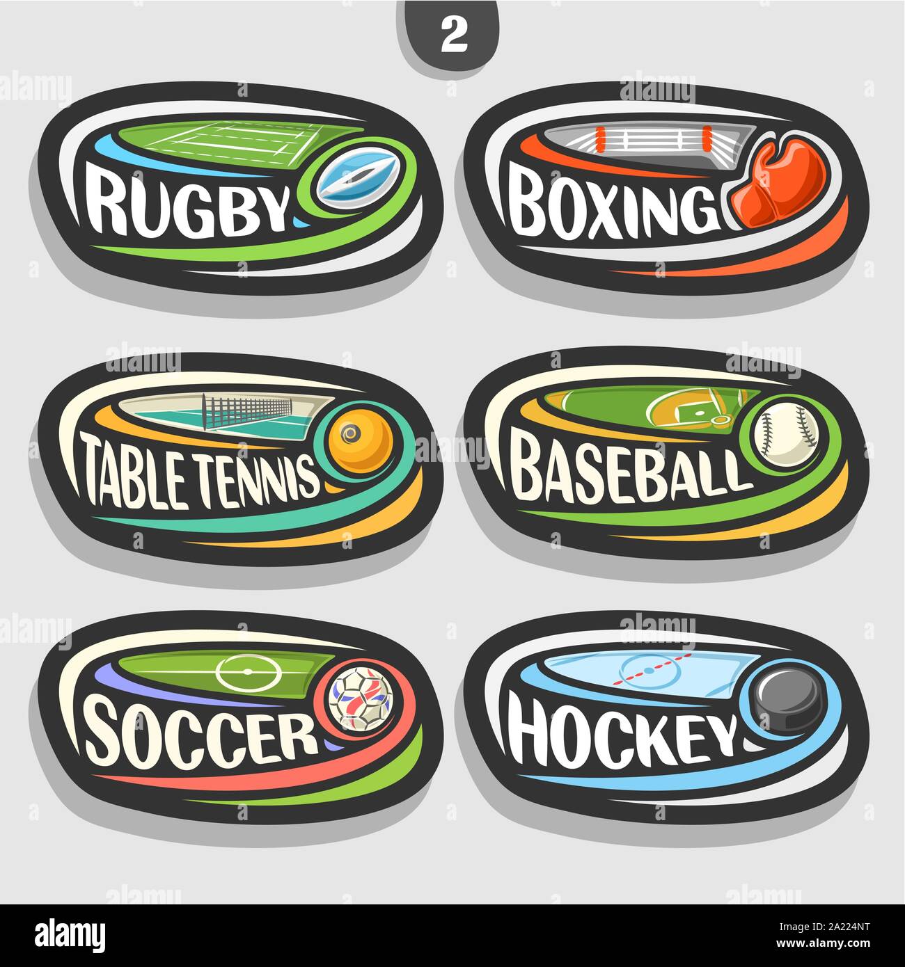 Vector set of sport logos, 6 oval simple badges with flying ball on
