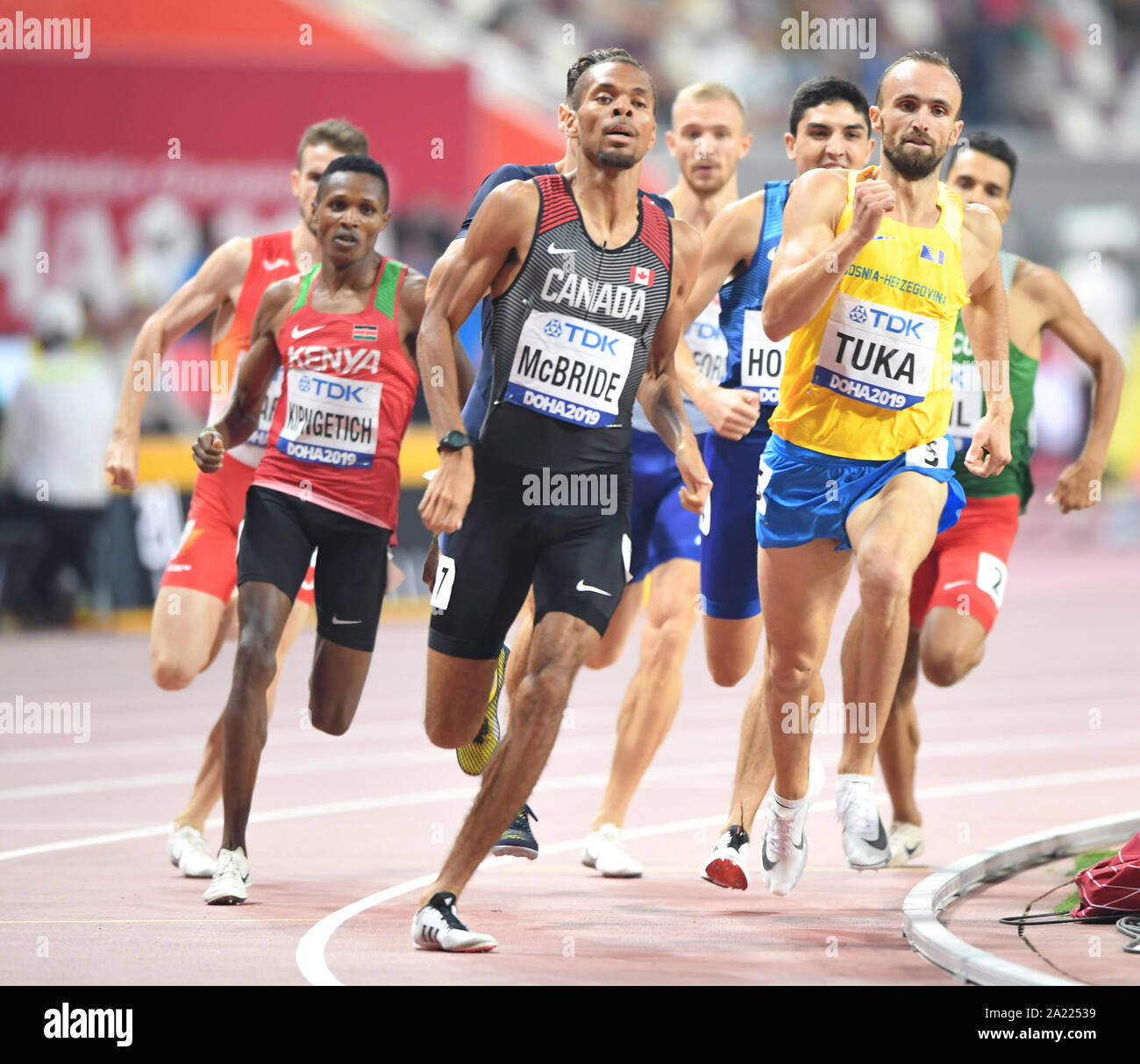 Amel Tuka (Bosnia and Herzegovina), Brandon McBride (Canada). 800 metres men Semi-Final. IAAF World Athletics Championships, Doha 2019 Stock Photo