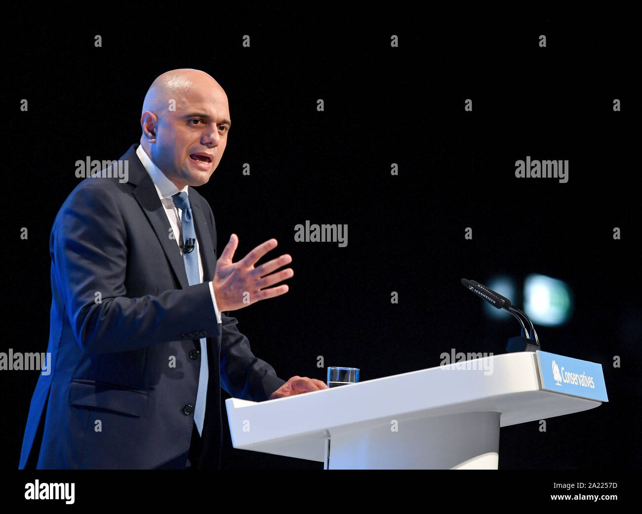 Manchester, UK. 30th Sep, 2019. MANCHESTER, UK. Chancellor of the Exchequer Sajid Javid delivers his keynote speech at the Conservative Party conference in Manchester. Credit: Dave Johnston/Alamy Live News Stock Photo
