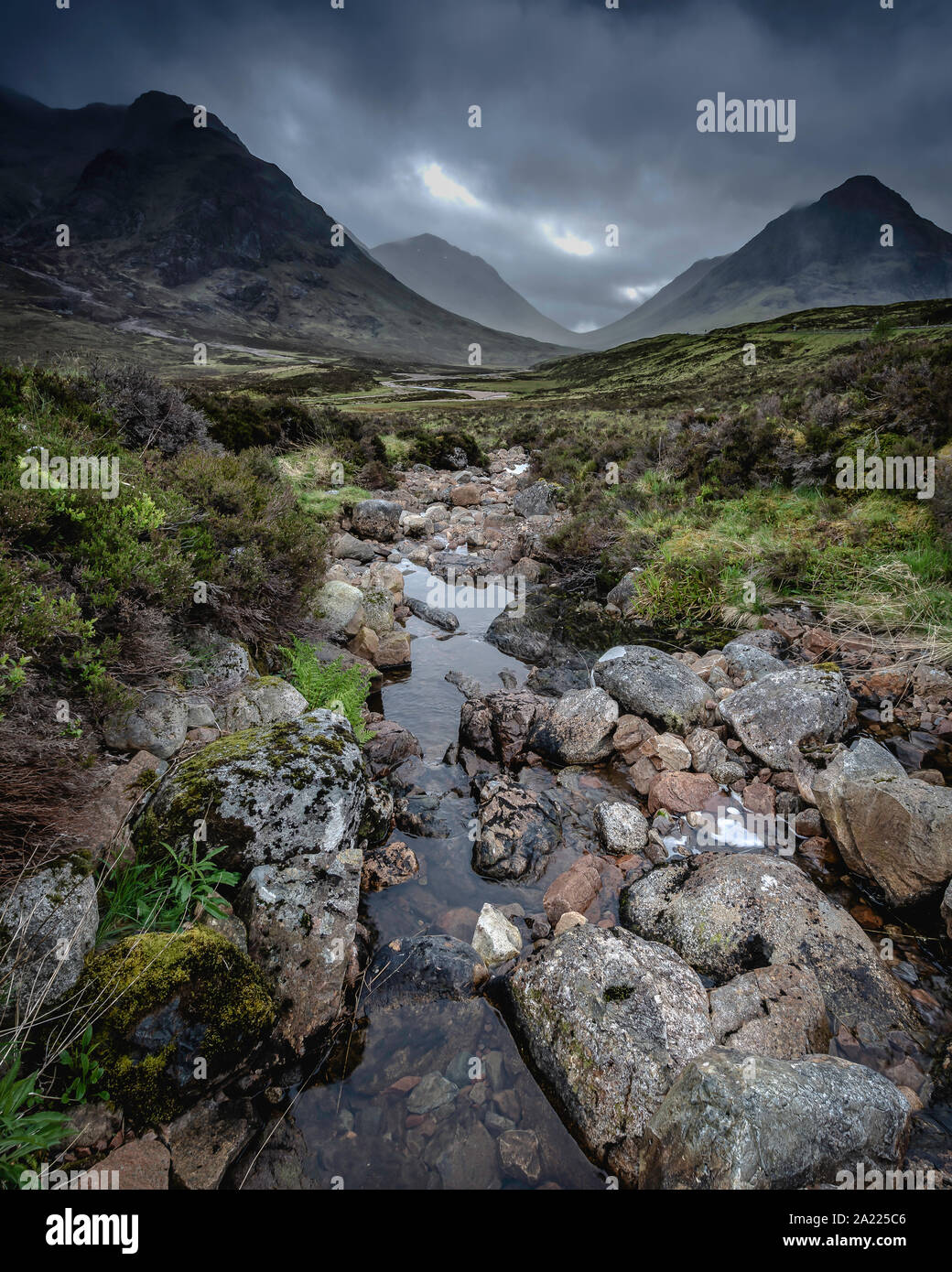 Dramatic sky with dark clouds over scenic, green mountain valley with ...