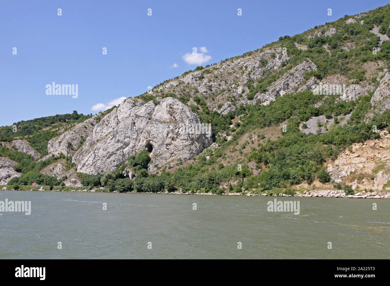 View of Gaura Bite or Cave Moss Cave on the Danube River at the Djerdap  Gorge at the entrance to Djerdap National Park, Border between Serbia and  Romania on the Romanian side