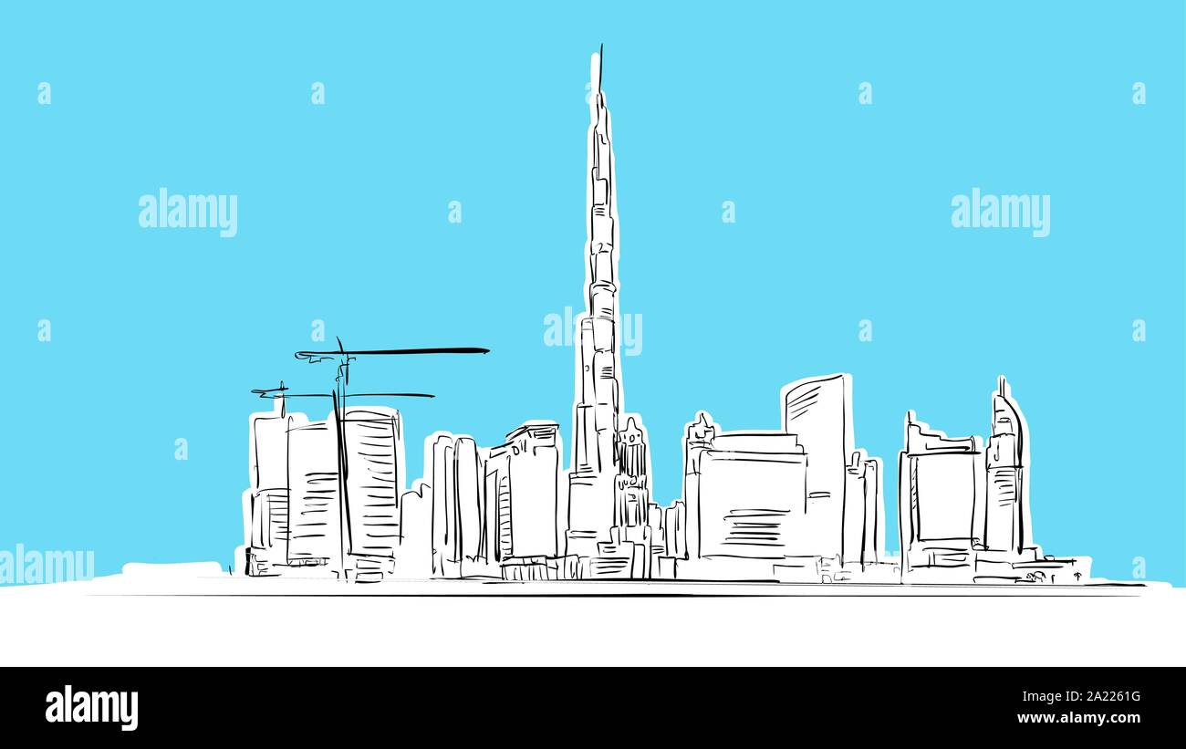 Dubai Landmarks Lineart Vector Sketch. and Drawn Illustration on blue background. Stock Vector