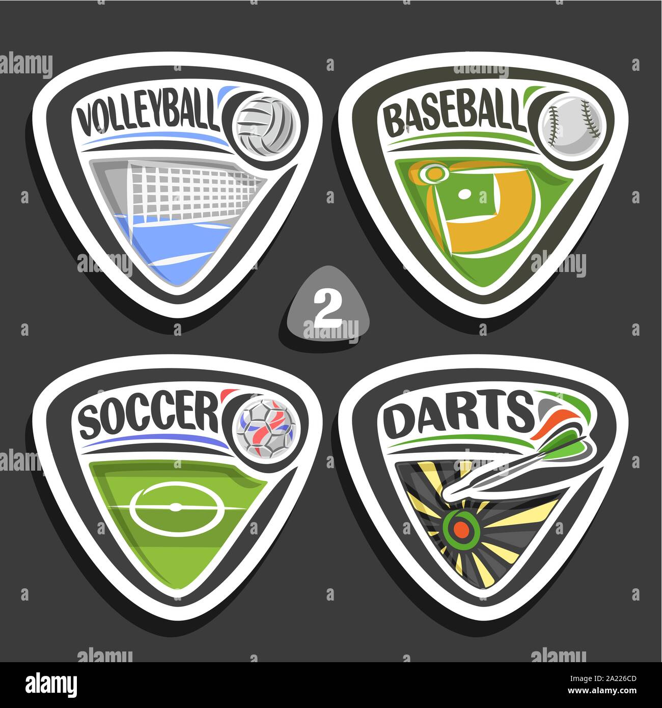Vector set of sport logos, 4 triangle simple badges with balls, sports