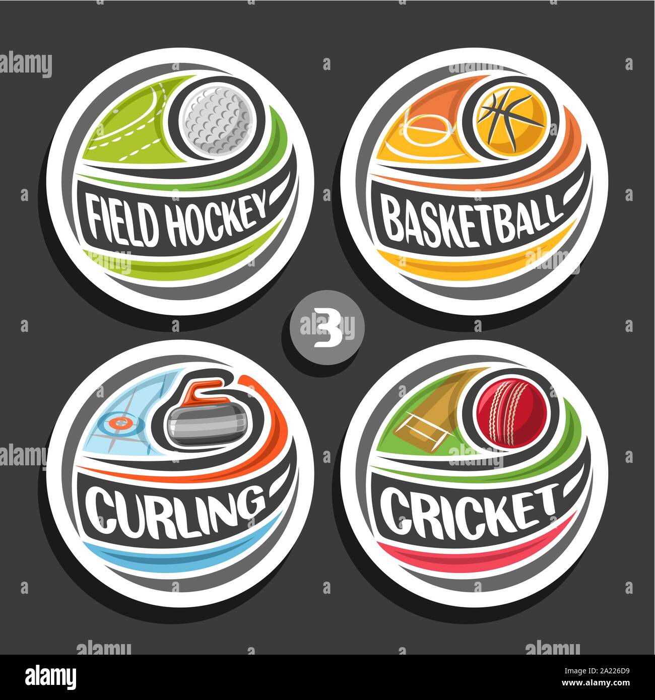 Vector set of sport logos, 4 round simple badges with flying ball on curved trajectory, circle sports signs of minimal design with games equipment, or Stock Vector