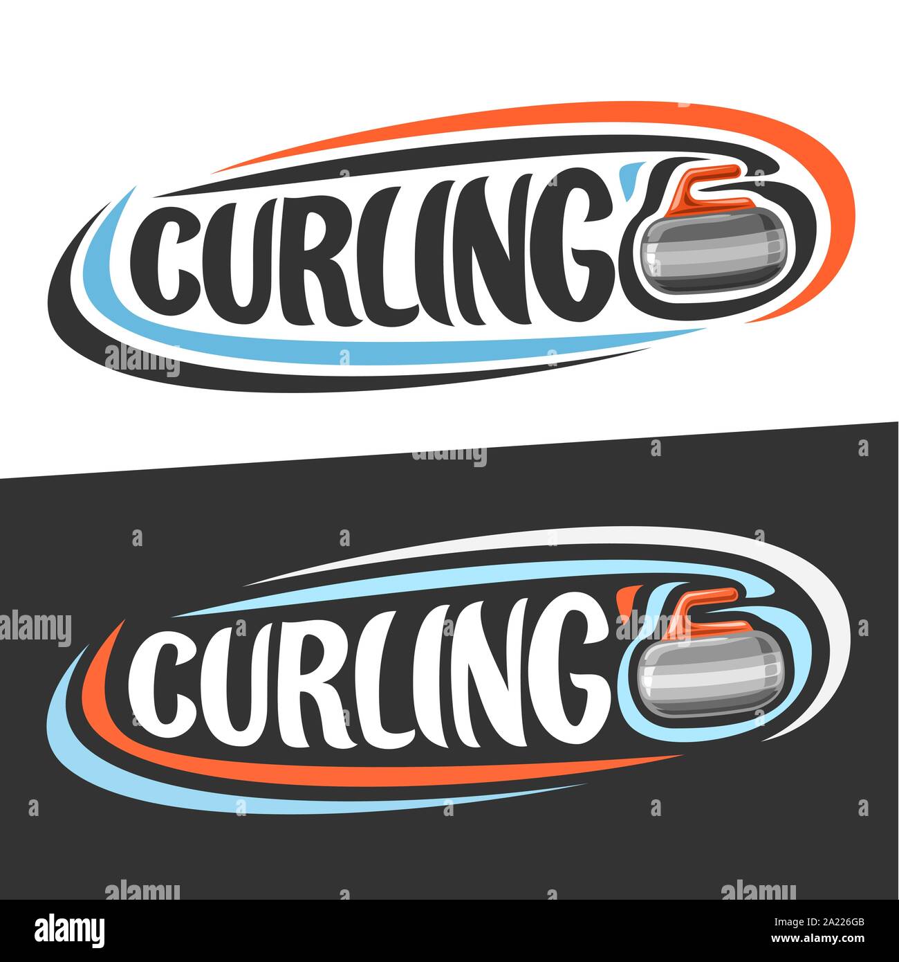 Vector logos for Curling sport, sliding rock with handle and handwritten word - curling on black, curved lines around stone and original font for text Stock Vector