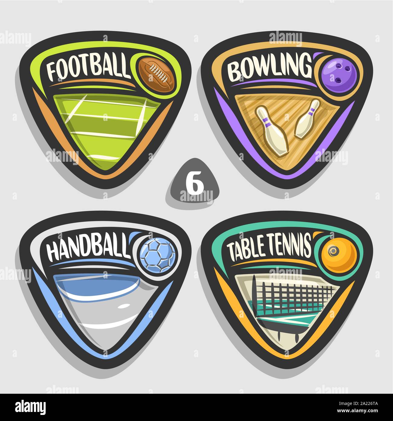 Vector set of sport logos, 4 triangle simple badges with balls, sports