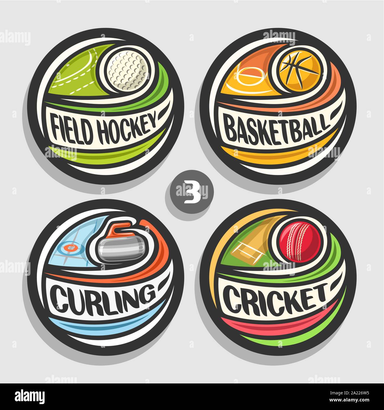 Vector set of sport logos, 4 round simple badges with flying ball on curved trajectory, circle sports signs of minimal design with games equipment, or Stock Vector