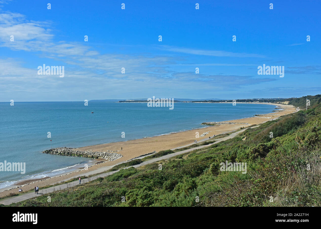Highcliffe - Dorset - view from clifftop path over the bay - summertime - beach - blue sea and sky, - sunshine - picturesque Stock Photo