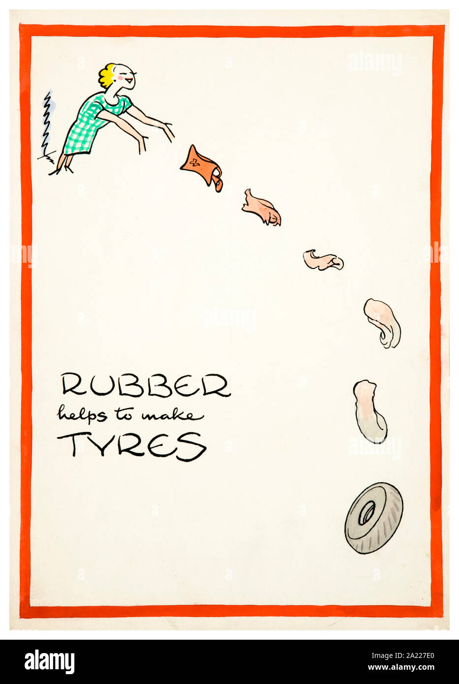 British, WW2, Salvage poster, Rubber Helps to Make Tyres, (woman throwing away hot water bottles which become a tyre) 1939-1946 Stock Photo