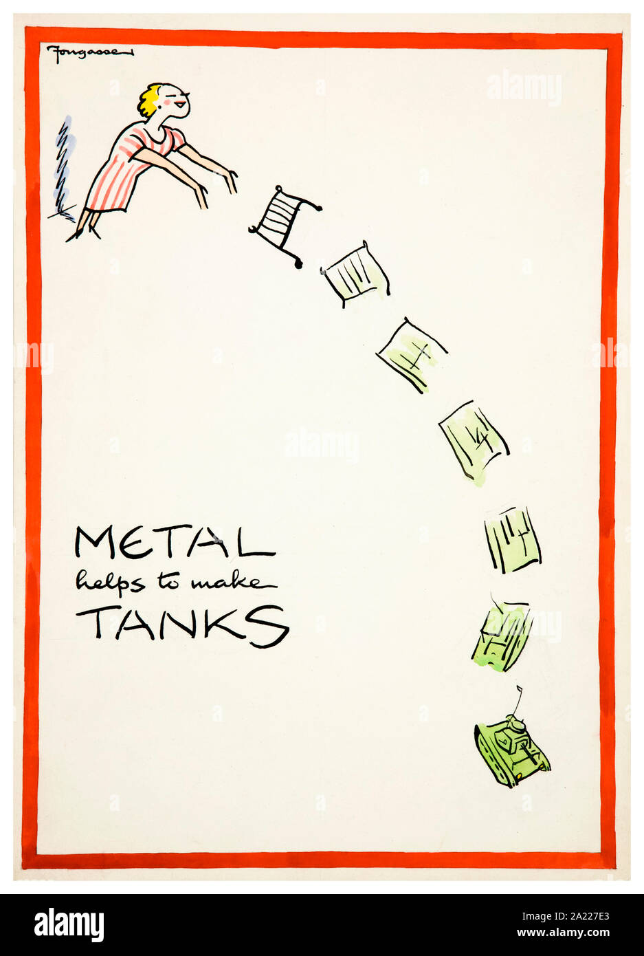 British, WW2, Salvage poster, Metal Helps to Make Tanks, (woman throwing away metal scrap which becomes a tank) 1939-1946 Stock Photo