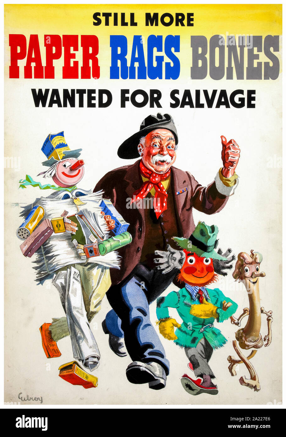 British, WW2, Salvage poster, Still more paper rags bones, wanted for salvage, (rag and bone man) 1939-1946 Stock Photo
