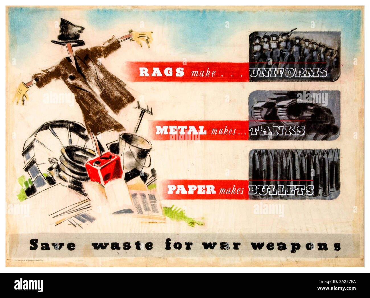British, WW2, Salvage poster, Save waste for war weapons, (scarecrow with scrap) 1939-1946 Stock Photo