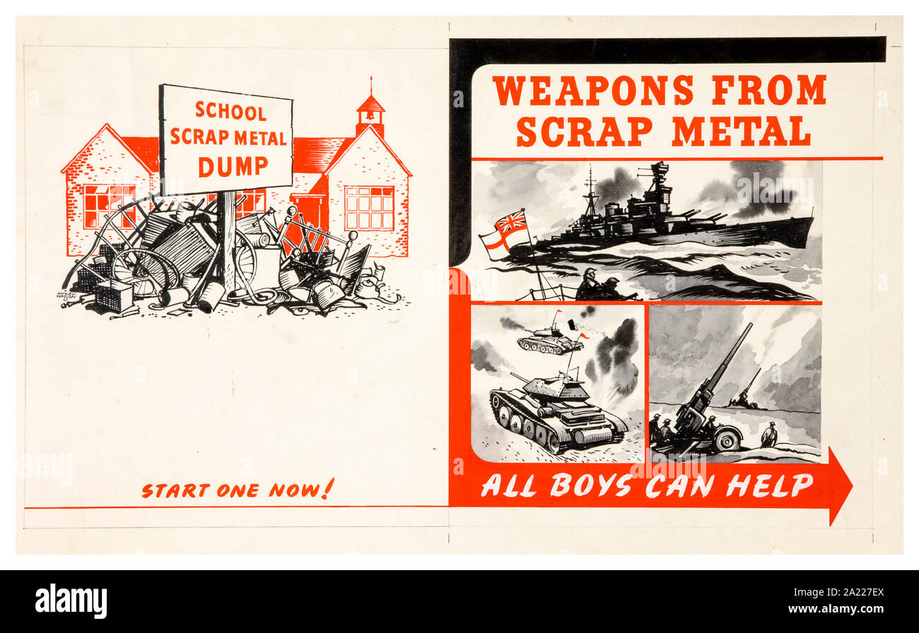 British, WW2, Salvage poster, Weapons from scrap metal, school scrap metal dump project 1939-1946 Stock Photo