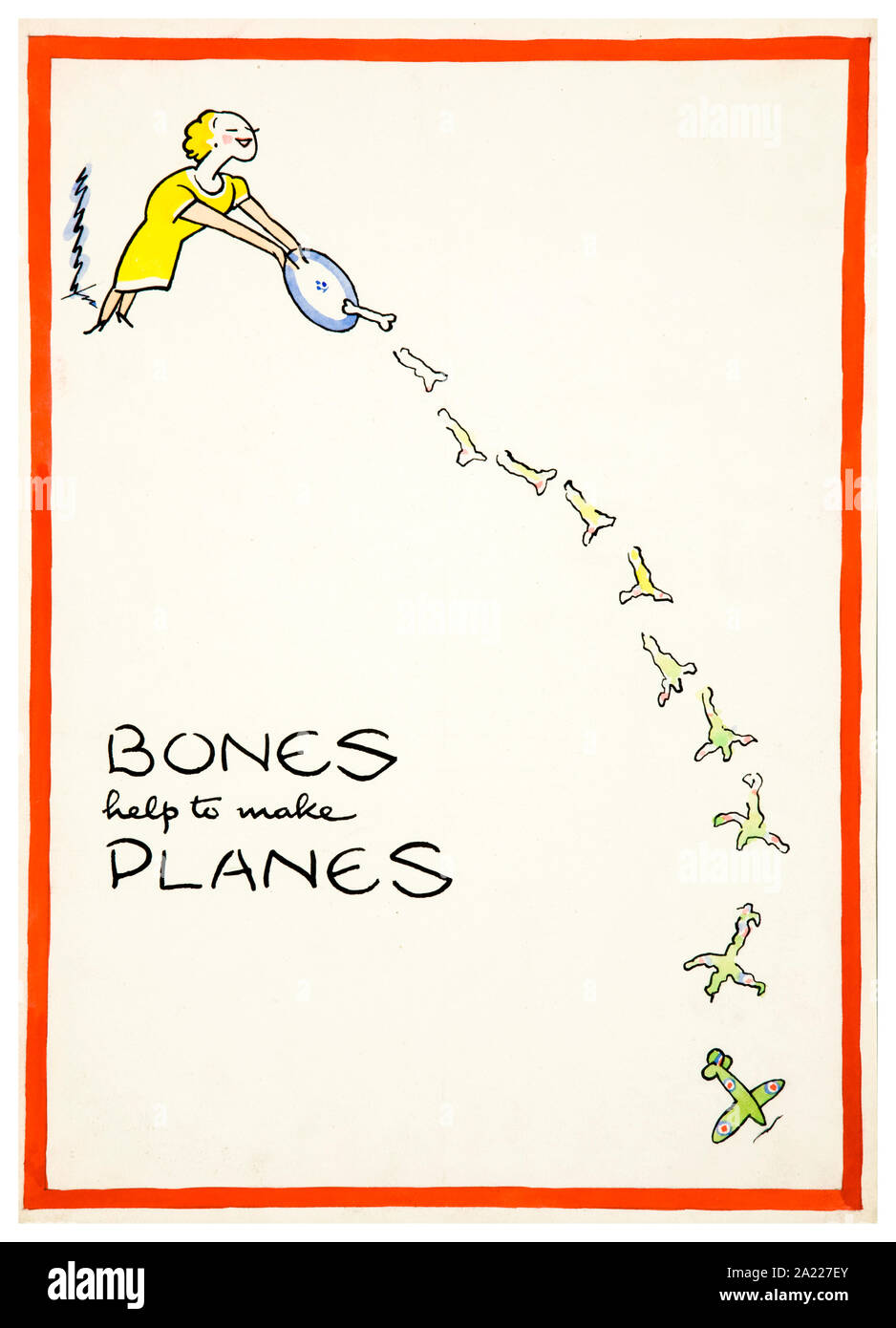 British, WW2, Salvage poster, Bones Help to Make Planes, (woman throwing away plate of bones which become an aeroplane) 1939-1946 Stock Photo