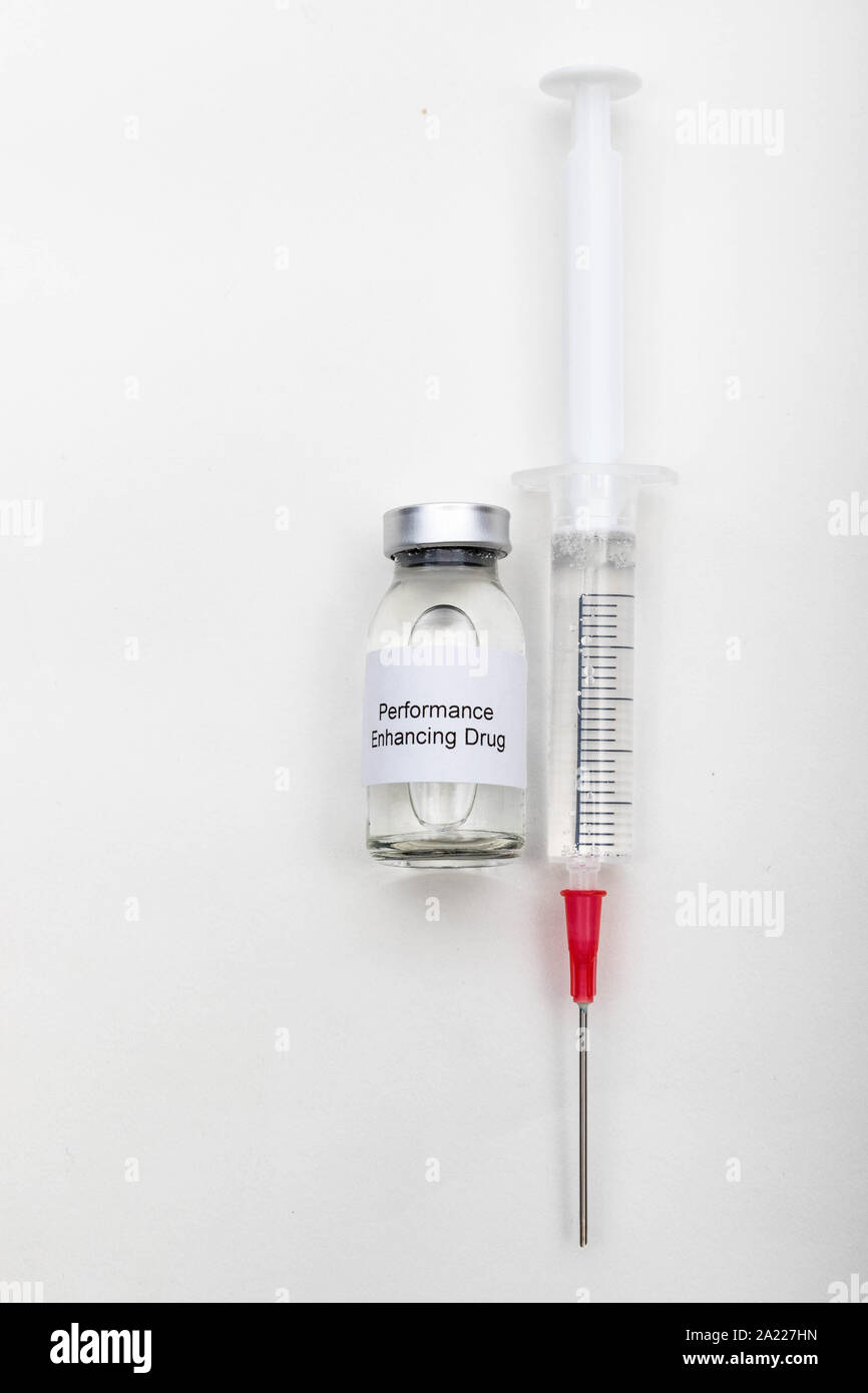 Medical concept showing medical a medical vial reading Performance Enhancing Drug with a syringe Stock Photo