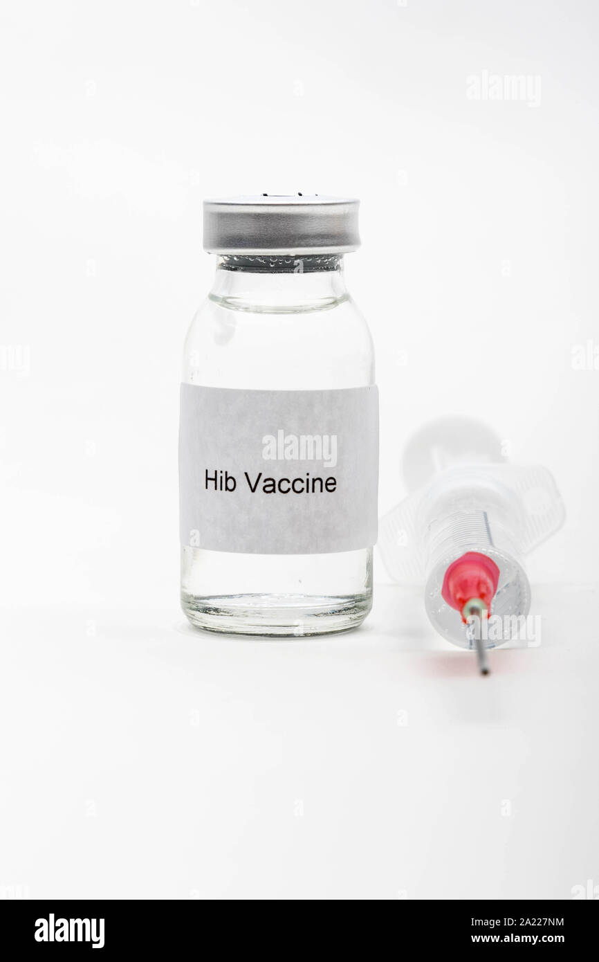 Medical concept showing medical a medical vial reading HIB Vaccine and ...