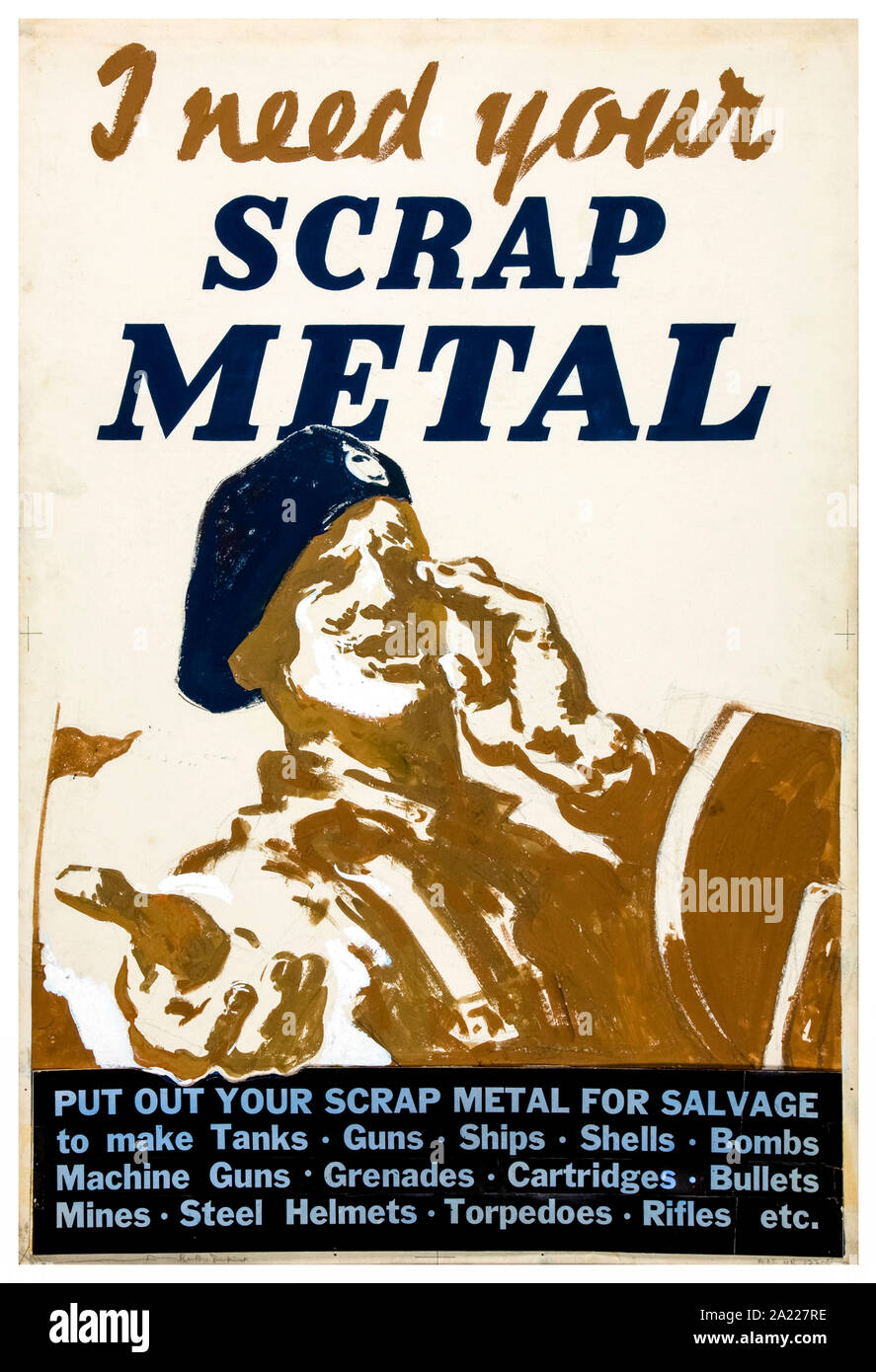 British, WW2, Salvage, I need your scrap metal, (tank or armoured car, soldier calling), poster, 1939-1946 Stock Photo