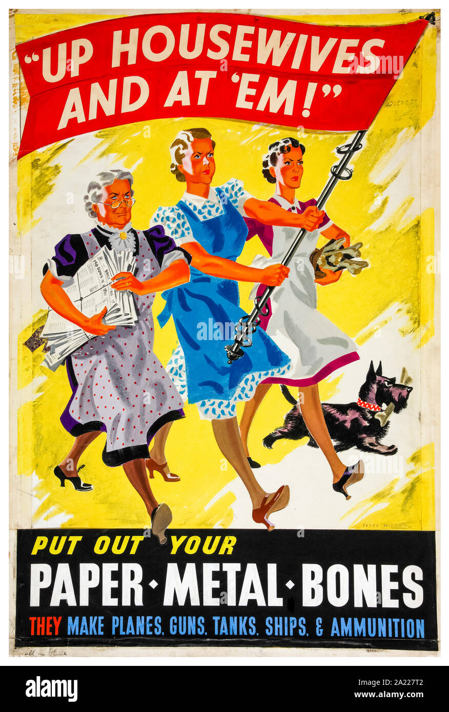 British, WW2, Salvage poster, Up Housewives and at 'em, (women marching, carrying pennant), poster, 1939-1946 Stock Photo