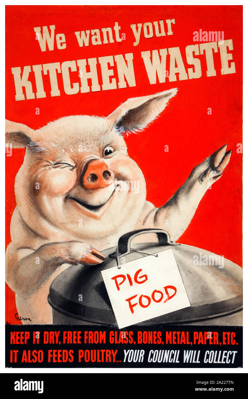 British, WW2, Salvage poster, We want your kitchen waste, (pig with dustbin) 1939-1946 Stock Photo