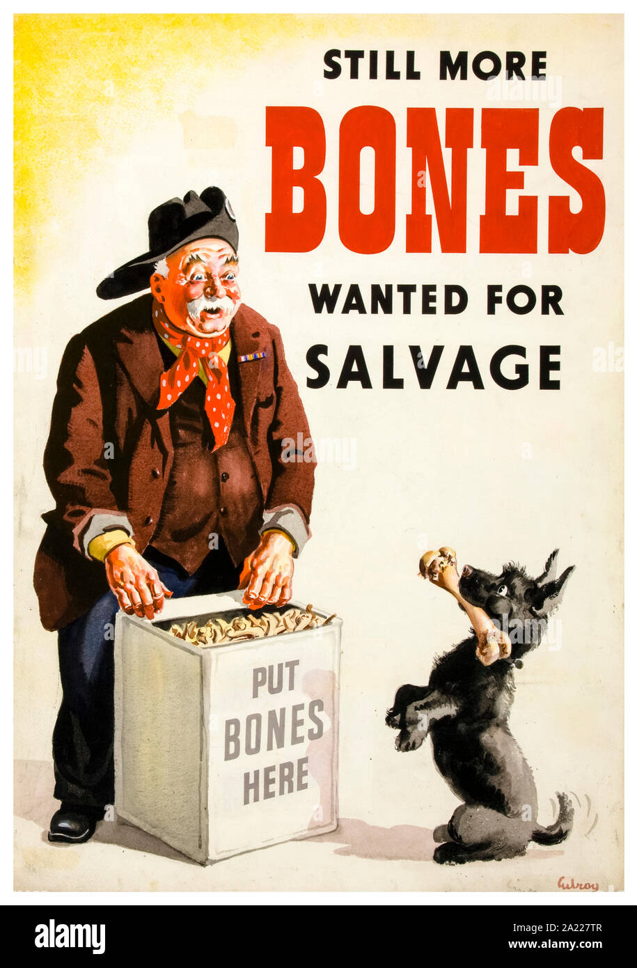 British, WW2, Salvage poster, Still more bones wanted for salvage, (rag and bone man, with dog) 1939-1946 Stock Photo