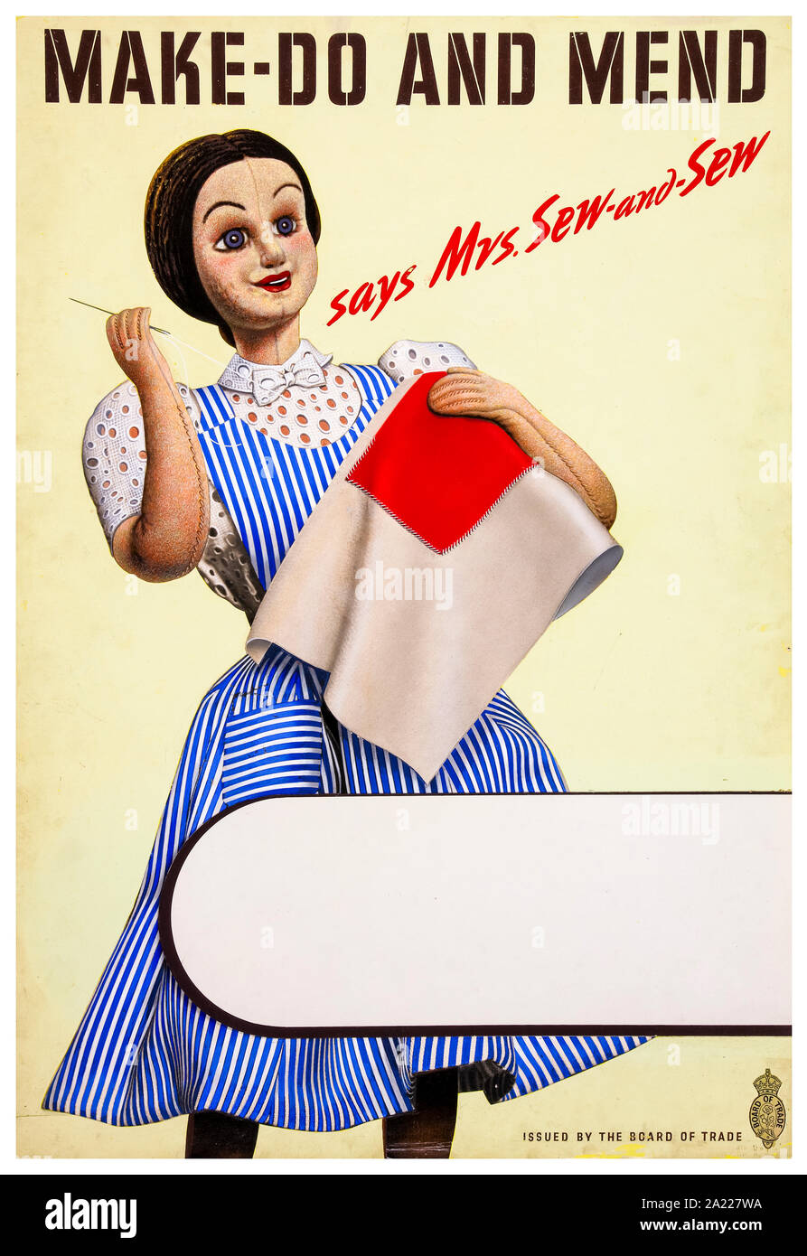 British, WW2, Make do and mend, Stuffed doll figure patching cloth, (Mrs Sew and Sew), poster, 1939-1946 Stock Photo