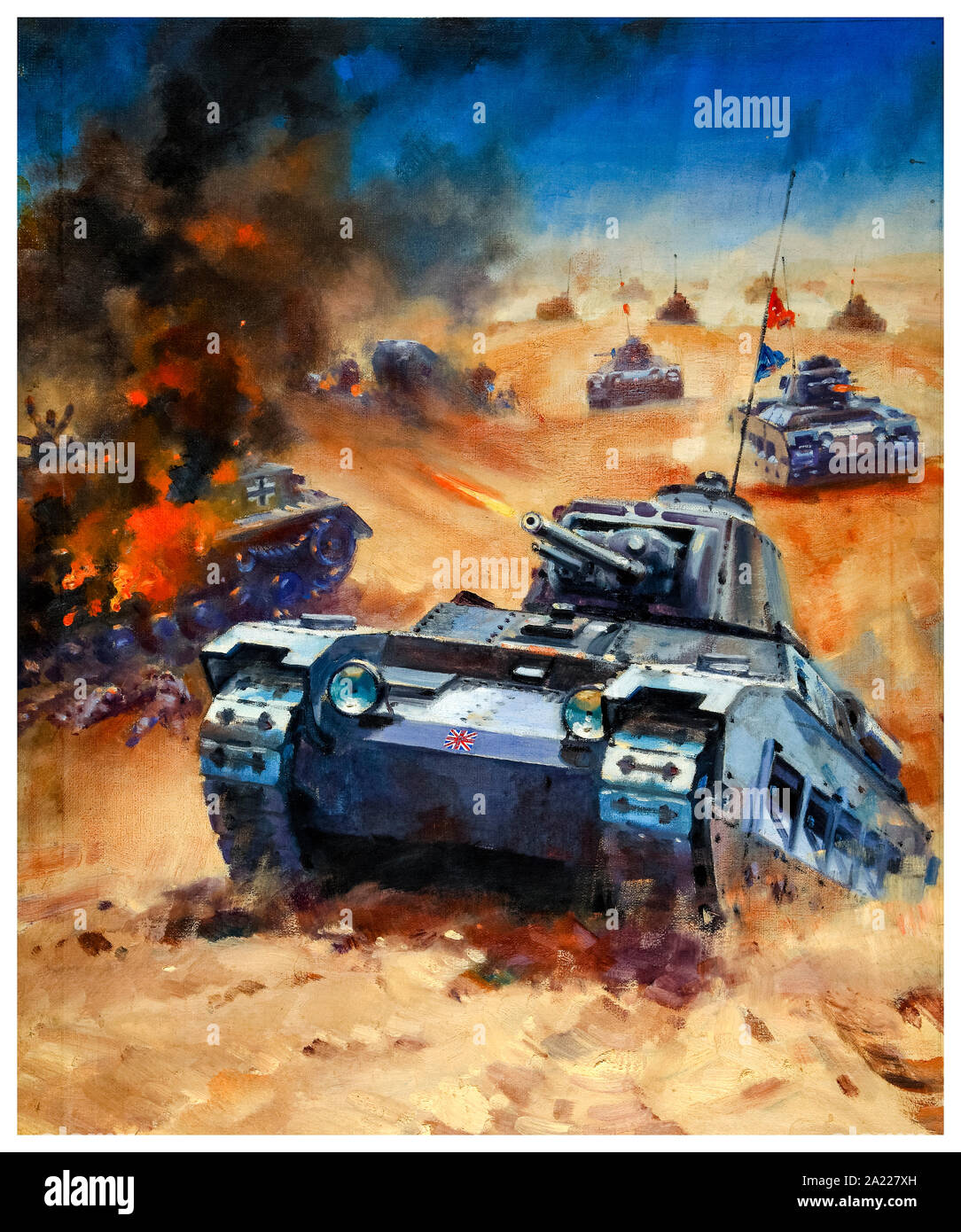 British, WW2, Artwork, British, Infantry Tank MkII, (Matilda), in a desert landscape, painting by W Krugman, 1939-1946 Stock Photo