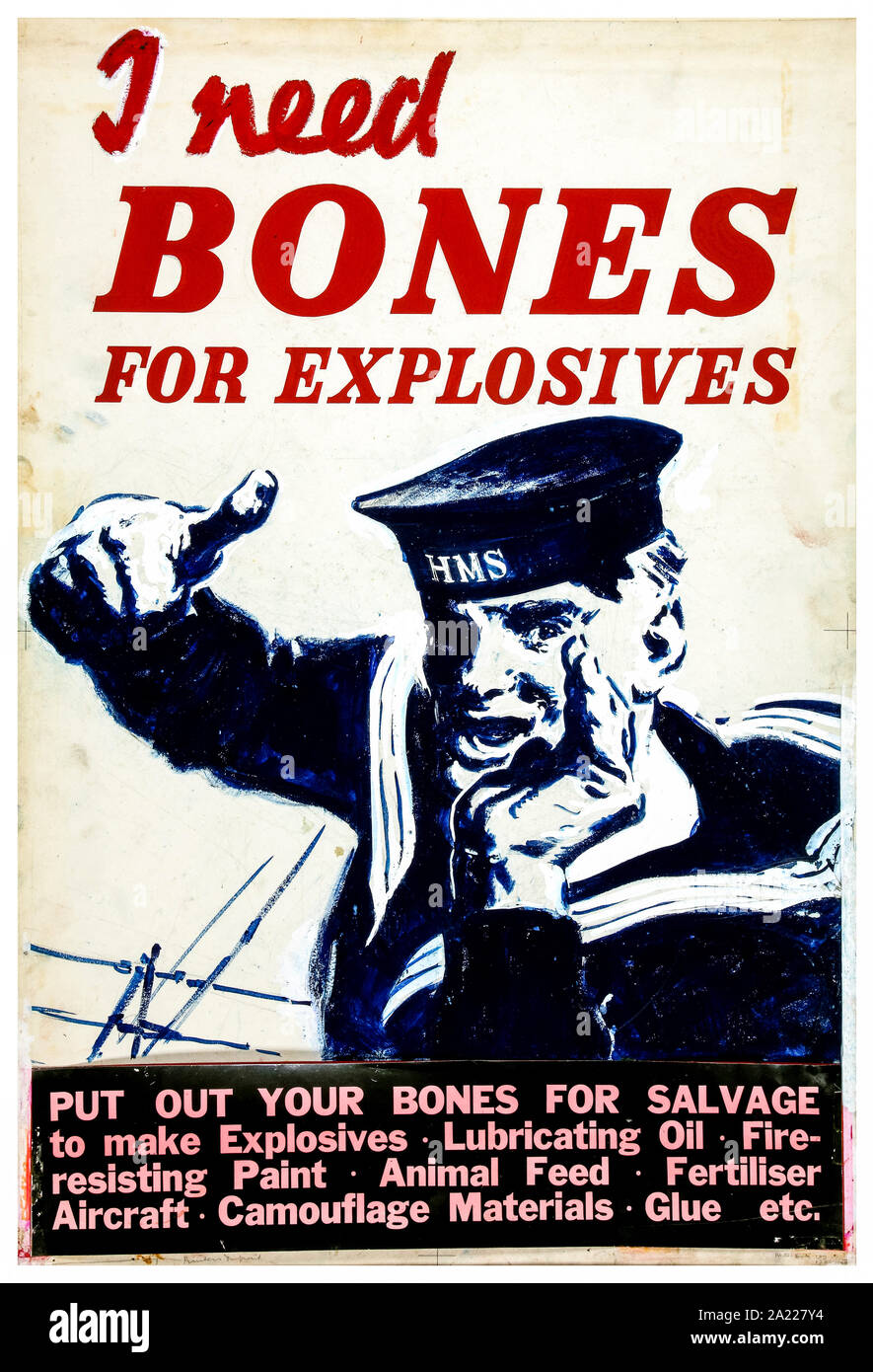 British, WW2, Salvage, I need bones for explosives, (naval rating calling), poster, 1939-1946 Stock Photo