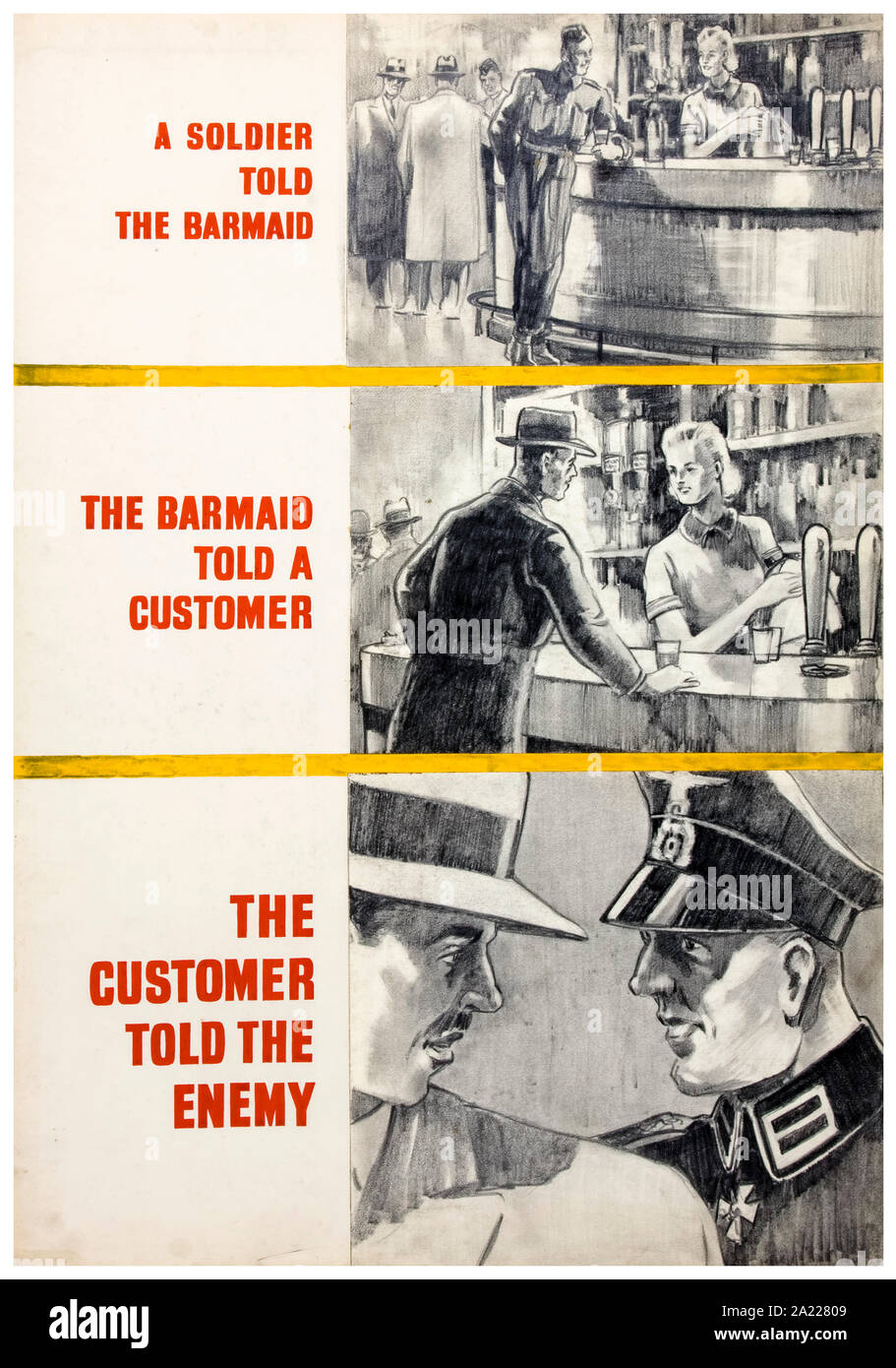 British, WW2, Careless talk, Soldier, barmaid, customer, enemy, chain, poster, 1939-1946 Stock Photo
