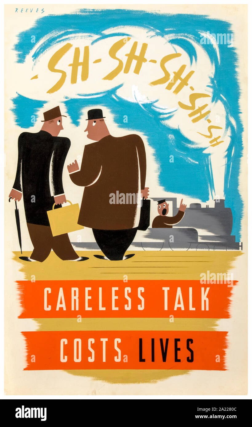 British, WW2, Careless talk, Two men talking on a railway station platform, train saying sh-sh-sh-sh, poster, 1939-1946 Stock Photo