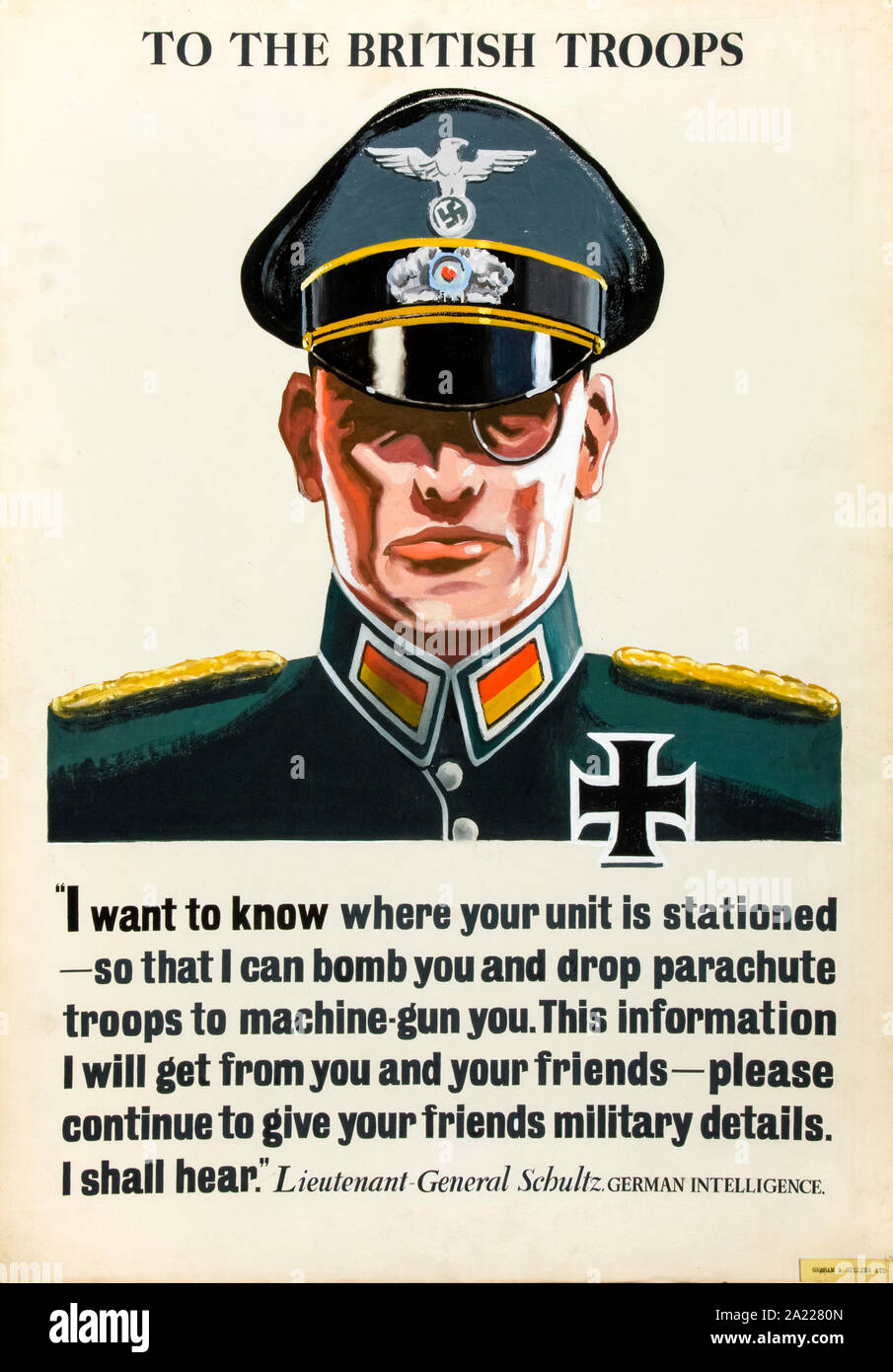British, WW2, Careless talk, German Intelligence Officer with message to British troops on giving military details to friends, poster, 1939-1946 Stock Photo