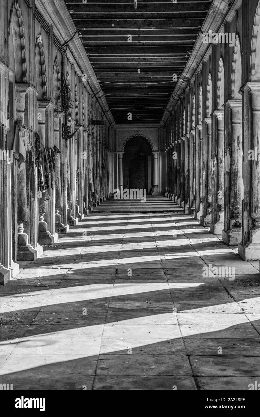 The long corridor of imambara hoogly in black and white Stock Photo