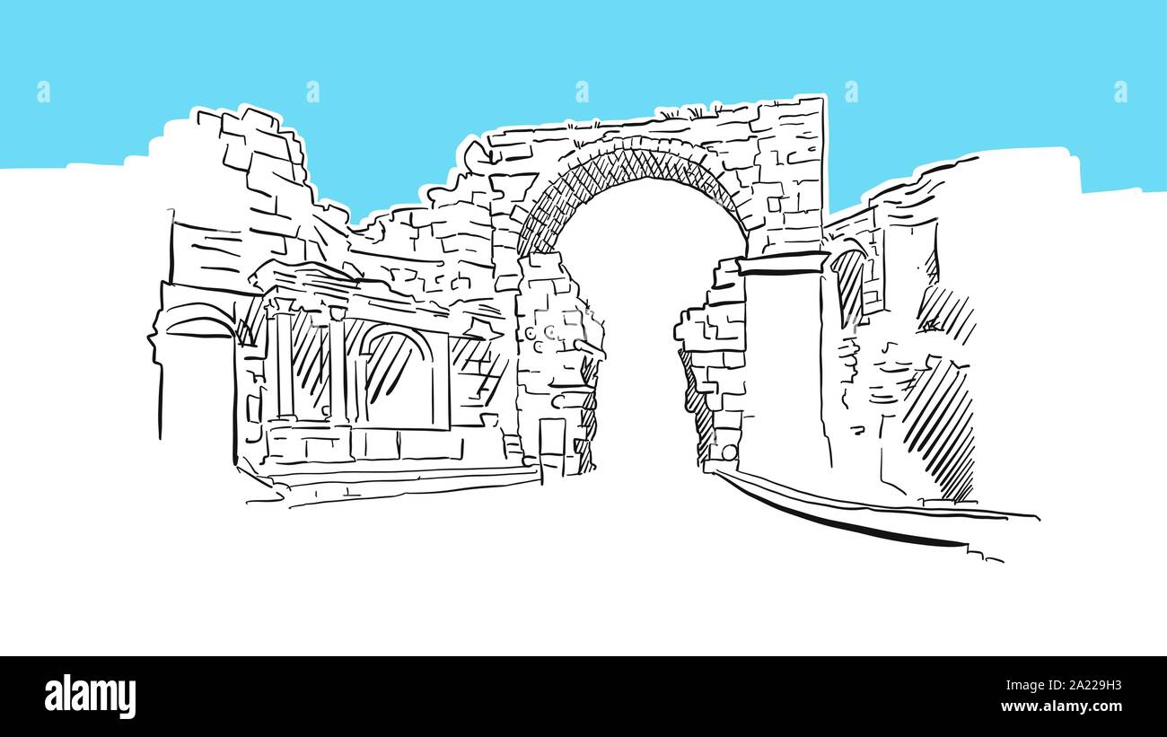Vespasian Gate, Side Turkey Lineart Vector Sketch. and Drawn Illustration on blue background. Stock Vector