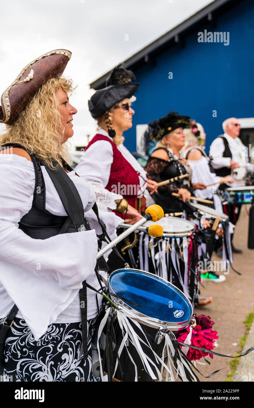 Pirate Day in Hastings, UK. Close up view along row of drummers