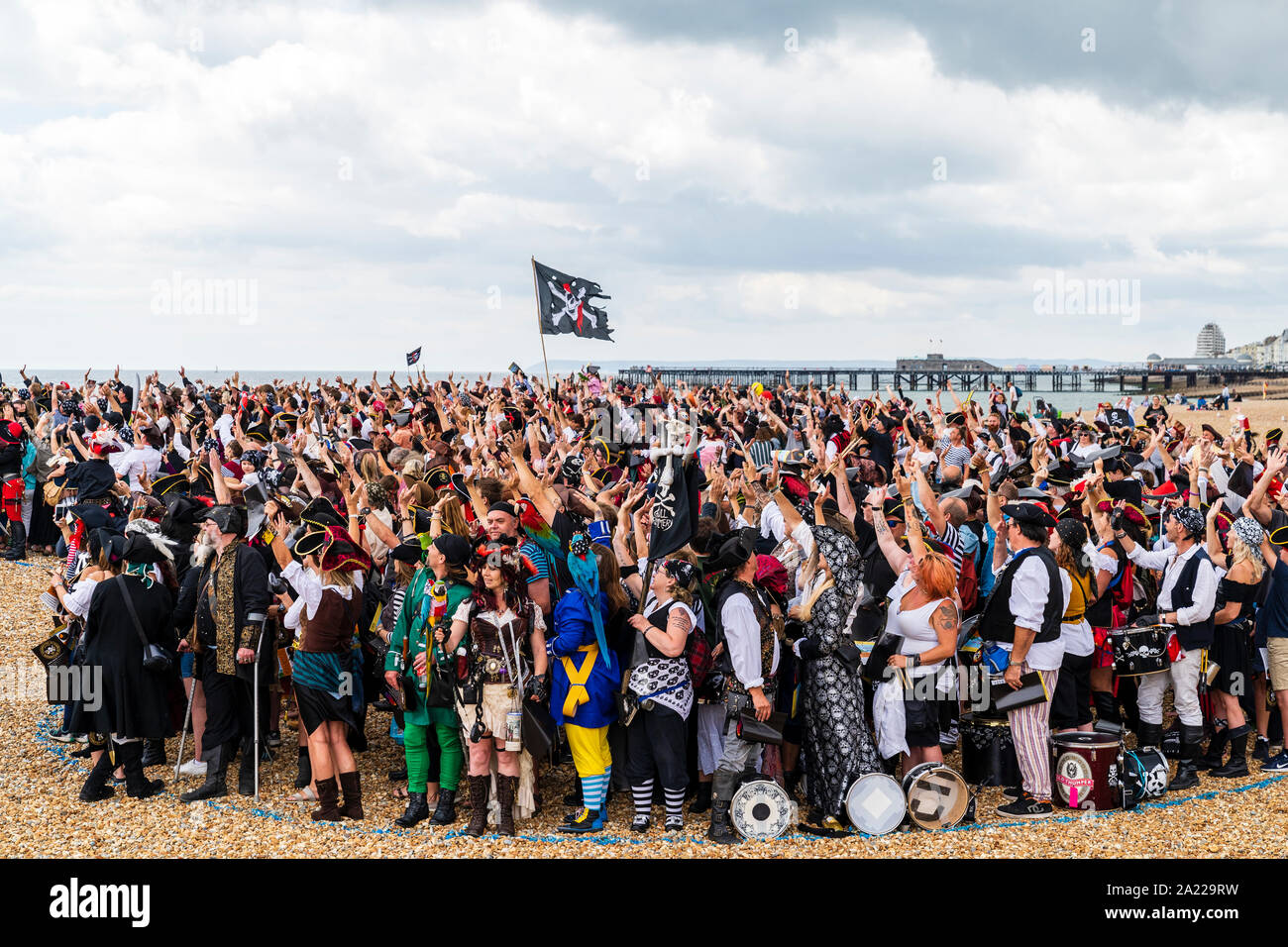 Pirate Day in Hastings, UK. Thousands of pirates waving at unseen drone