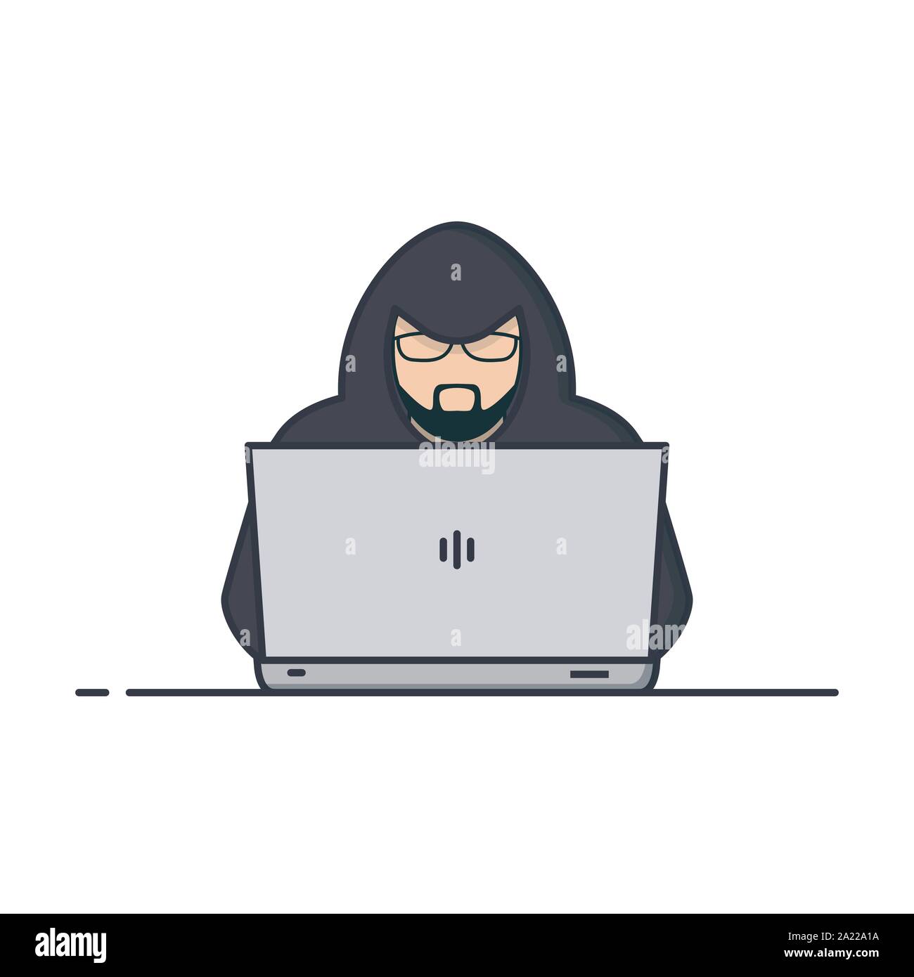 Computer hacker or programmer in hoodie with laptop. Man with glasses typing on computer. Internet security line style vector. Hacker person with lapt Stock Vector