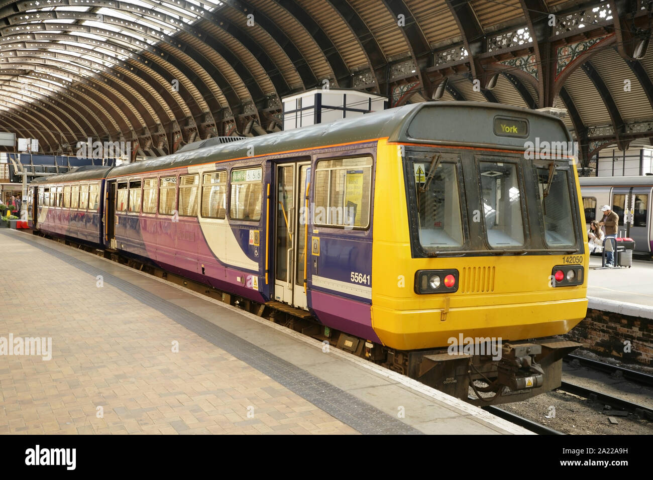 Northern rail class 142 Pacer diesel multiple unit no. 142050 at York station, UK. Stock Photo